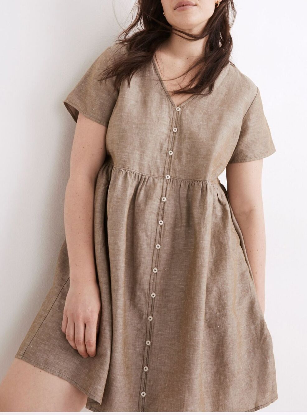 Madewell Alexandra Linen Blend Button Front Mini Dress Olive Branch Tan L